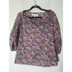 Buru Multicolor Floral Wide Neck Long Sleeve Cotton Shirt Sz S